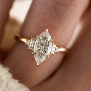 Starburst Marquise Moissanite Engagement Ring, Solid Gold Promise Ring