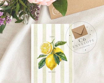 May include: A rectangular greeting card featuring a watercolor illustration of bright yellow lemons with green leaves on a background of vertical light green and white stripes. The text "HAPPY" appears above the lemons and "BIRTHDAY" below them.