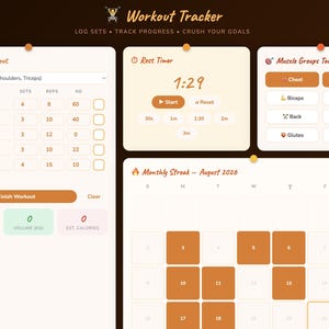May include: A digital workout tracker interface featuring a dark brown background with cream-coloured panels. It includes a Today's Workout log, a rest timer set to 1:29, a muscle group selection grid, and an August 2026 monthly calendar streak view.