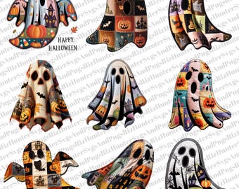 Halloween Patchwork Ghost PNG-paket: Spöklik clipart för sublimering (digital nedladdning)