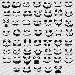 以下が含まれることがあります： ハロウィーン用の黒いカボチャの顔のデザインのコレクション。顔は、笑顔、怒り、驚きなど、さまざまな表情をしています。これらのデザインは、工芸品、装飾、またはデジタルプロジェクトに適しています。