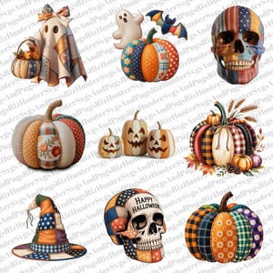 May include: A collection of Halloween-themed digital art featuring pumpkins, a skull, a ghost, and a witch's hat. The designs incorporate patchwork patterns in various colors, with the skull displaying "Happy Halloween".
