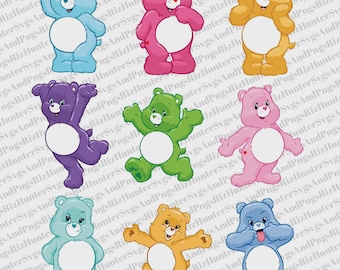May include: A collection of nine cartoon Care Bears in various colors, including blue, pink, yellow, and green. Each bear has a unique pose and expression, with a white belly and heart or other symbol.