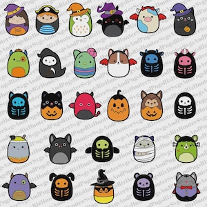 Op de afbeelding: Een verzameling Halloween-thema pluche ontwerpen. Elke pluche heeft een uniek karakter, waaronder een heks, piraat, uil, kat, koe en meer. De ontwerpen hebben levendige kleuren en speelse uitdrukkingen, perfect voor seizoensgebonden decoraties.