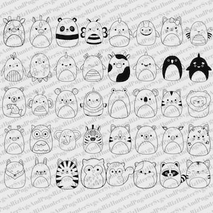 Op de afbeelding: Een verzameling zwart-wit cartoon dieren illustraties, waaronder een giraffe, panda, bij, kat en uil. De ontwerpen zijn eenvoudig en gestileerd, perfect voor knutselprojecten of kinderkamerdecoratie.