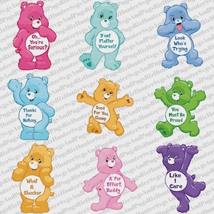 May include: A collection of cartoon bear illustrations in various colors, each with a unique expression and a message on its belly. The bears are in shades of pink, blue, yellow, green, and purple.
