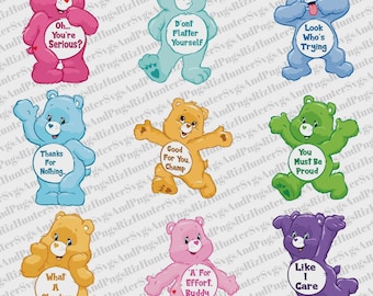 May include: A collection of cartoon bear illustrations in various colors, each with a unique expression and a message on its belly. The bears are in shades of pink, blue, yellow, green, and purple.