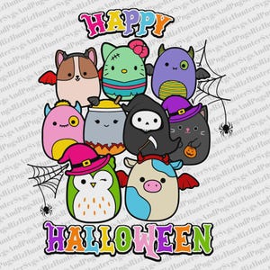 Könnte beinhalten: Ein farbenfrohes Halloween-Motiv mit Cartoon-Charakteren, darunter eine Katze und eine Eule, und den Worten "HAPPY" und "HALLOWEEN". Die Charaktere sind in verschiedenen Farben gehalten.