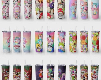 May include: A collection of twenty-four stainless steel tumblers with various colorful designs. The designs include cartoon characters, rainbows, and holiday themes. Each tumbler has a white straw and a silver lid. The tumblers are approximately 8 inches tall.