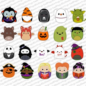 Könnte beinhalten: Eine Sammlung farbenfroher Halloween-Cartoonfiguren, darunter ein Vampir, ein Zwerg, ein Sarg, ein Geist und ein Kürbis. Die Designs zeigen verschiedene Kostüme und Ausdrücke, perfekt für saisonale Dekorationen oder Bastelarbeiten.