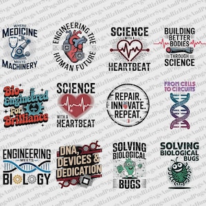 May include: A collection of science-themed graphic designs with text and illustrations. Designs include a stethoscope, a heart, DNA strands, and the words "Engineering," "Biology," "Science," and "Repair." The color palette includes red, blue, and green.