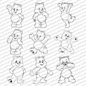 Peut inclure: Illustrations en noir et blanc de Care Bears dans diverses poses. Les ours sont représentés avec des visages souriants et des corps arrondis, parfaits pour les projets d'artisanat ou la décoration nostalgique.