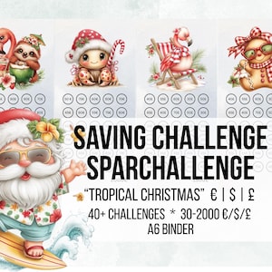 Könnte beinhalten: Buntes Spar-Challenge-Blatt mit Illustrationen eines Flamingos, Faultiers und Lebkuchenmanns in festlicher Kleidung. Der Text lautet "SAVING CHALLENGE SPAR CHALLENGE" und "TROPICAL CHRISTMAS". Enthält 40+ Challenges und einen A6-Ordner.