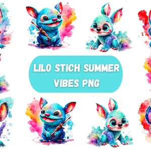 Lilo Stitch Summer Vibes Watercolor Splash Png,Stitch Floral Png,Cartoon Rainbow Aesthetic,300Dpi High Resolution PNG,Digital File Download