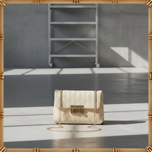 May include: A beige woven handbag with a gold chain strap and clasp. The rectangular bag is set against a neutral background with a metal shelving unit in the distance. The bag's texture is visible.
