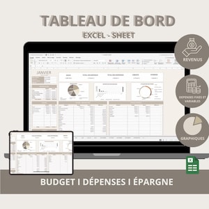 Peut inclure: Maquette numérique d'une feuille de calcul Excel intitulée "TABLEAU DE BORD" avec le texte "EXCEL - SHEET". L'écran affiche des données financières, des graphiques et des diagrammes. Le texte supplémentaire comprend "REVENUS", "DEPENSES FIXES ET VARIABLES", et "GRAPHIQUES". Le texte du bas indique "BUDGET I DÉPENSES I ÉPARGNE".