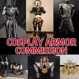 May include: A collection of six distinct cosplay armor sets displayed on mannequins or flat surfaces. The armor features various designs including metallic gold, black, silver, and yellow components with intricate detailing and sculpted plating.