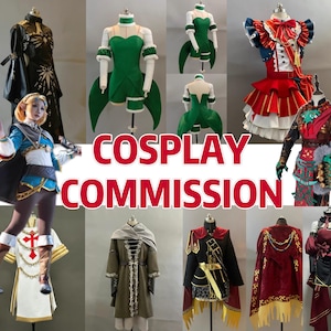 May include: A collection of cosplay costumes on mannequins, including a black dress, a green and white outfit, a red and white dress, and others. The image has the text "COSPLAY COMMISSION" in red.