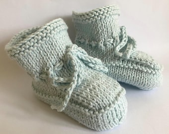 Hand Knitted Baby Booties Pure Cotton Pale Blue Newborn 0 to 3 or Plus 3 Months Boy Stays on feet Traditional baby shower gift