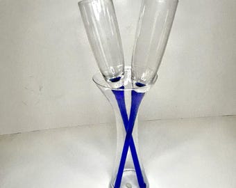 Vintage Newbury Collections Champagne 13" Blue Flutes with 8" Glass Vase Open