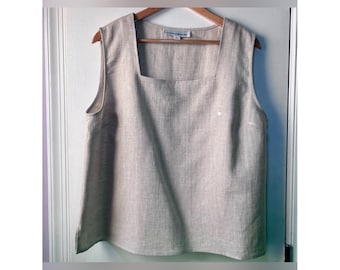 Camiseta sin mangas vintage Caroline Rose de cuello cuadrado, 100% lino, talla XL para mujer, fabricada en EE. UU.