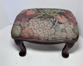 Antique Floral And Fruit Tapestry Style Footstool Dark Wood Cabriole Style Legs