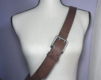L.L. Bean Brown Leather Belt 42 Double Prong Brass Buckle Made In England