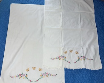 Butterfly And Flower Embroidered Two Standard Queen Pillowcases White