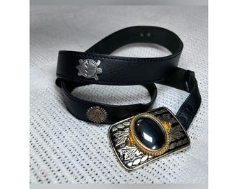 Vintage Southwestern Style Concho Belt 42 with Large Black Onyx Buckle