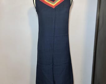 60's A-Line Shift Dress Women's Medium Navy Blue Mod Go-Go Striped Collar