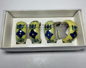 New Pier 1 Imports 4 Ceramic Napkin Rings Blue Yellow Flowers India Mexican Art