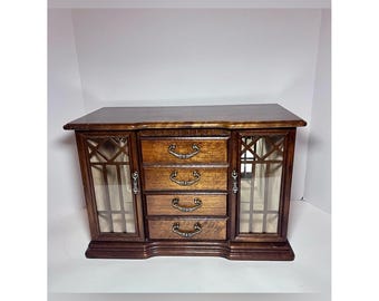 Vintage Wood Jewelry Box Armoire Classic 2 Glass Doors 4 Drawers