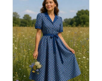 Vintage Marion Donaldson Shirtwaist Dress UK 10 Blue Floral