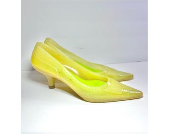 Y2K Playboy Jellin Lime Yellow Women's 7 Pointed Toe Kitten Heels
