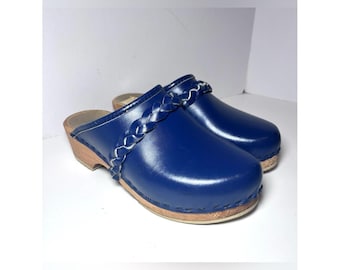 Vintage Anna Swedish Clogs EUR 36 US 5.5-6 Cobalt Blue Leather Wood Soles