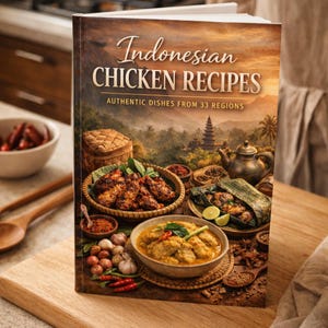 Puede incluir: Un libro de cocina titulado "Indonesian Chicken Recipes" con el subtítulo "Authentic Dishes From 33 Regions". La portada presenta una imagen vibrante de varios platos de pollo indonesios, especias y un fondo escénico.