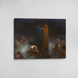 May include: A rectangular canvas print featuring a dark, atmospheric painting of two figures standing in a murky, shadowed landscape. One figure wears a vibrant blue cloak, while the other is draped in a bright orange robe, surrounded by numerous nude figures.