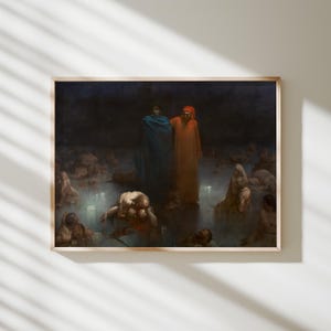 Puede incluir: Una impresión artística enmarcada que representa una escena oscura y atmosférica con dos figuras centrales vestidas con túnicas azul y naranja, rodeadas de numerosas figuras desnudas parcialmente sumergidas en un paisaje oscuro y turbio.