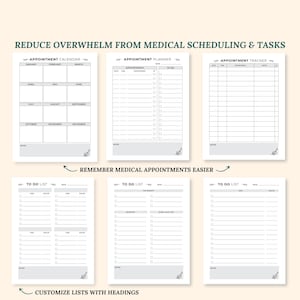 May include: Printable medical appointment planner and to-do list pages. The pages are black and white with a simple design. The pages include sections for appointments, to-do lists, and notes.