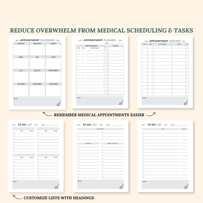 May include: Printable medical appointment planner and to-do list pages. The pages are black and white with a simple design. The pages include sections for appointments, to-do lists, and notes.