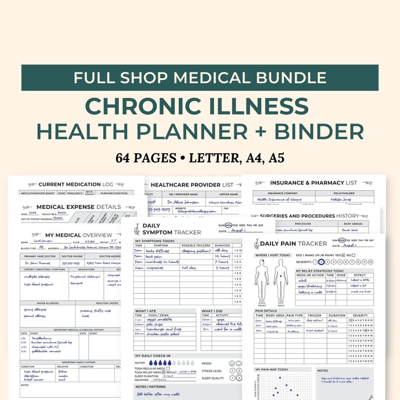 Chronic Illness Medical Binder for symptom trackers, chronic pain, medical history and medical expenses