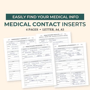 Medical Binder Contact Inserts, Emergency Contact List, Doctor List Medical Planner Information, Chronic Illness Journal, Family Healthcare