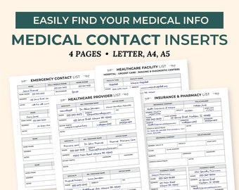Medical Binder Contact Inserts, Notfall-Kontaktliste, Arztliste Medizinische Planer Informationen, Chronische Krankheit Journal, Familienversorgung