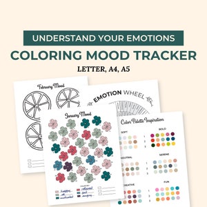 Monatlicher Stimmungstracker, Selbstpflege Planer Erwachsene Malvorlagen, Wellness Journal, Digitale psychische Gesundheit Journal, Blumen Obst