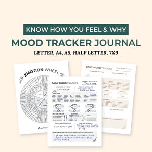 May include: Black and white printable mood tracker journal with an emotion wheel, daily mood tracker, and daily gratitude log. The journal includes prompts for self-reflection and affirmations.