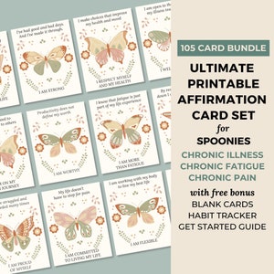 Spoonie Printable Affirmation Cards Bundle, Self Care Kit for Chronic Illness, Fatigue and Pain, Scandinavian Butterfly, Digital Download image 1