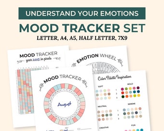 Monthly Mood Tracker Printable, Coloring Yearly Self Care Planner Insert, Digital Mental Health Journal Pages, Minimalist Circular Floral