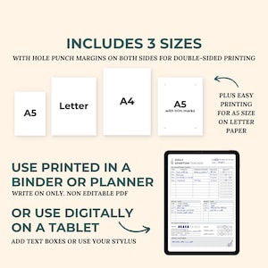 May include: Printable daily symptom tracker in three sizes: A4, Letter, and A5. The tracker includes sections for tracking sleep, mood, energy levels, and more. The text on the image reads "Daily Symptom Tracker".