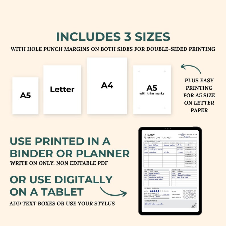May include: Printable daily symptom tracker in three sizes: A4, Letter, and A5. The tracker includes sections for tracking sleep, mood, energy levels, and more. The text on the image reads "Daily Symptom Tracker".