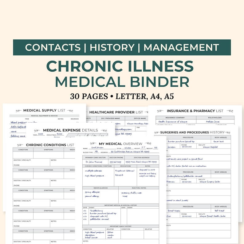 May include: A printable medical binder with a green and white cover. The binder is titled "Chronic Illness Medical Binder" and has a subtitle of "30 Pages - Letter, A4, A5". The binder includes pages for medical supply lists, healthcare provider lists, insurance and pharmacy lists, medical expense details, chronic conditions lists, a medical overview, and a history of surgeries and procedures.